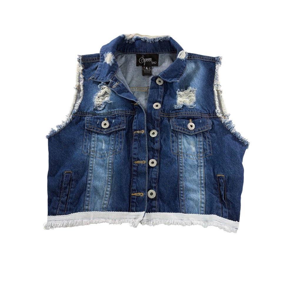 Spoon Jeans Womens Large Distressed Denim Vest Cropped Frayed‎ Sleeveless Jacket